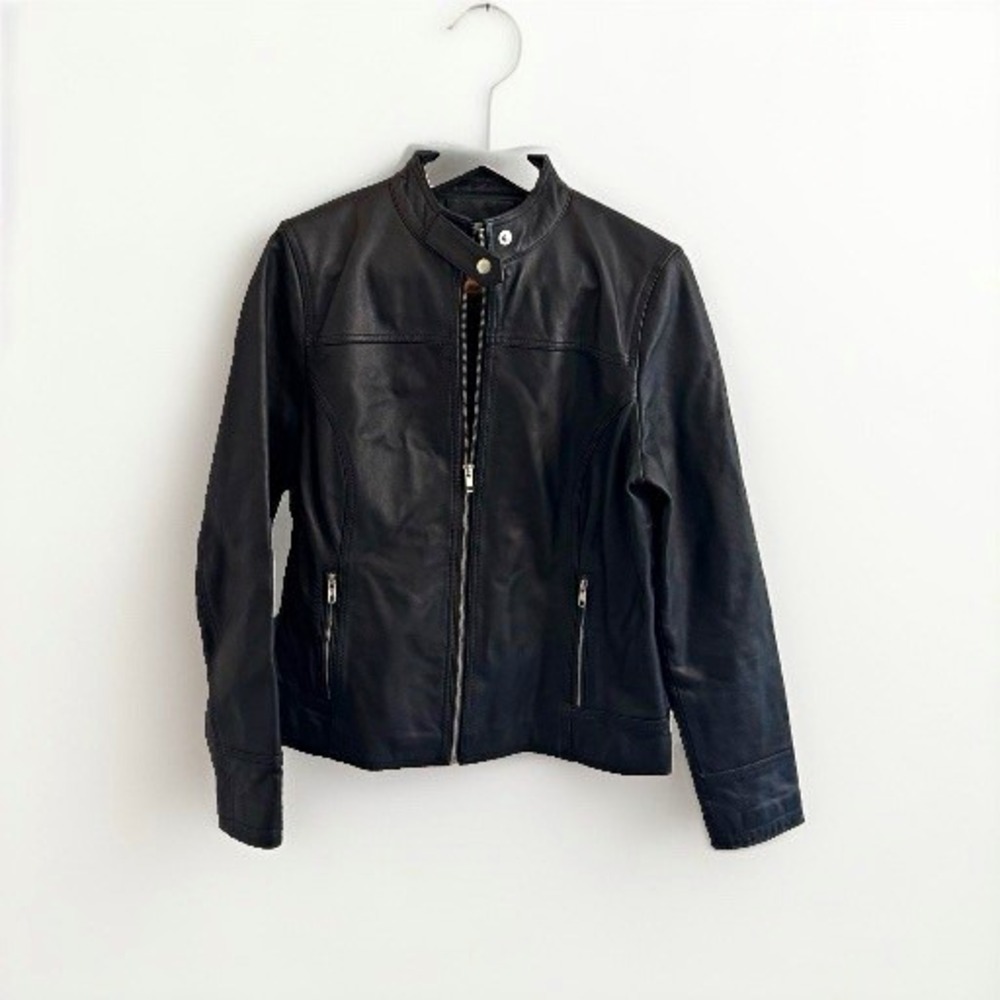 Sourock Men's Black Leather Motorcycle Jacket Full Zip Pockets Band Collar XL